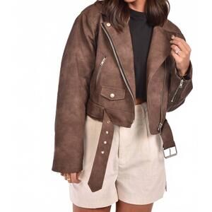 NEW ET CLET oversized crop faux leather jacket in brown